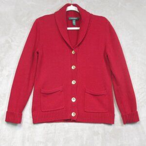 Lauren Ralph Lauren Cardigan Sweater Womens P/M Red Gold Buttons Christmas